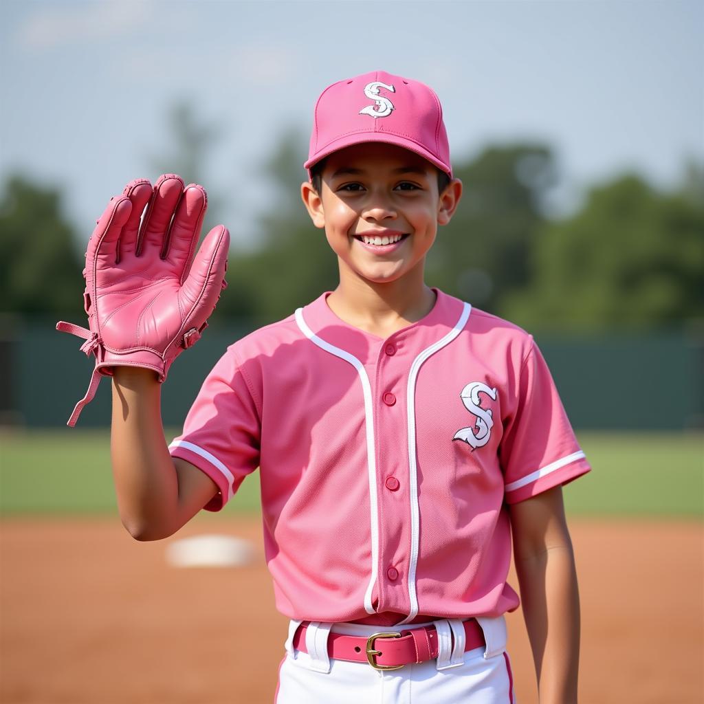 Youth baseball player with pink glove