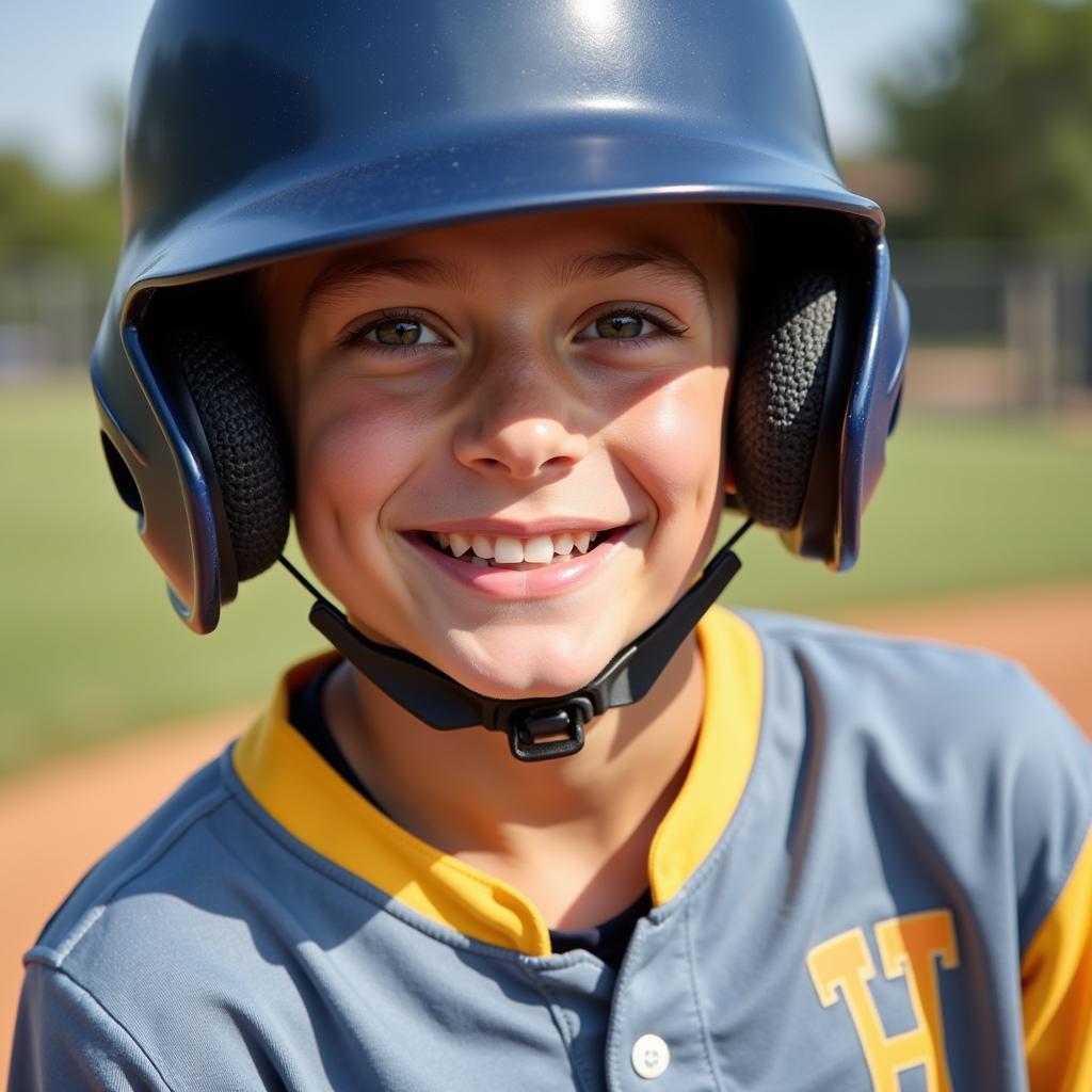 Youth baseball player wearing corner helmet