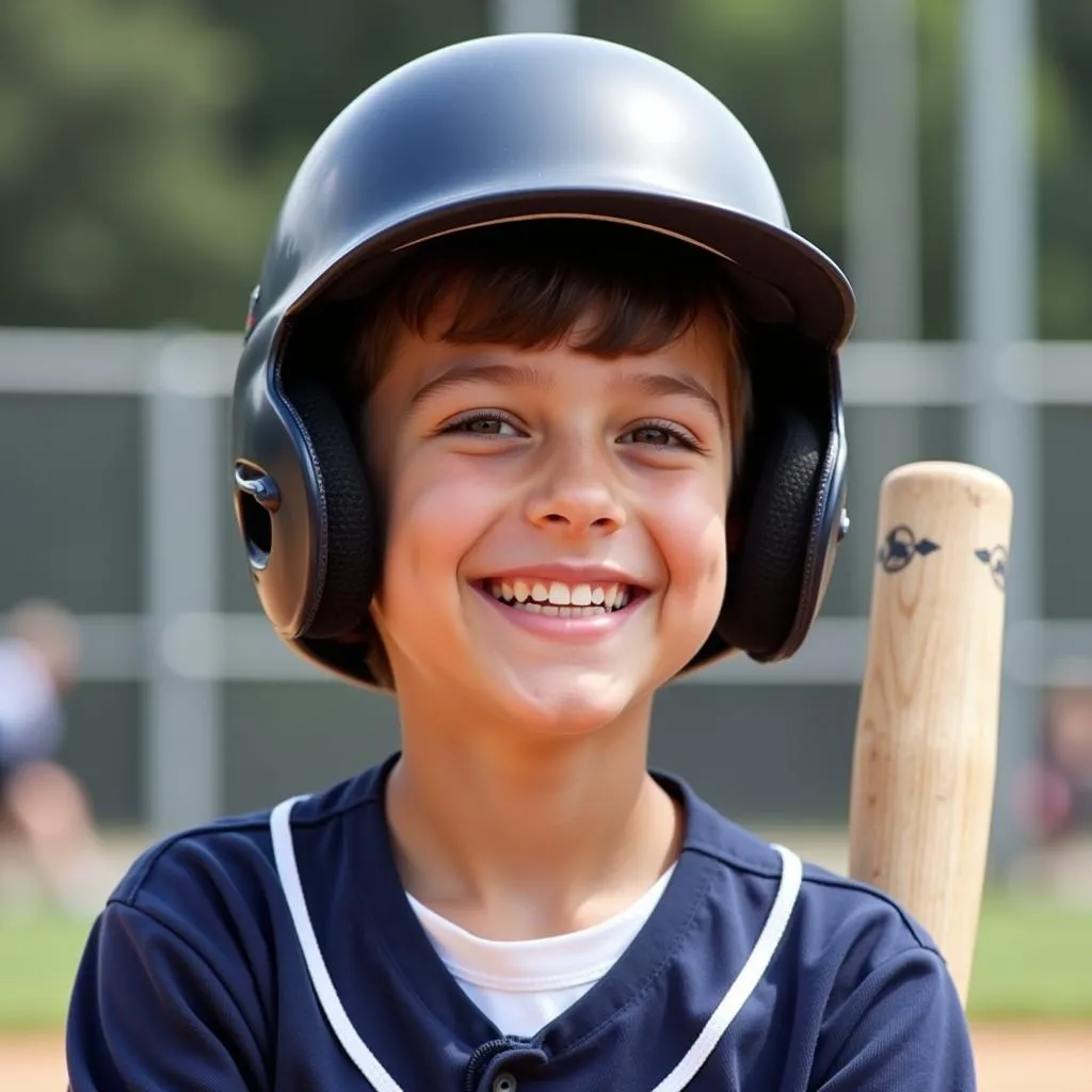 Young baseball player wearing a helmet with jaw guard