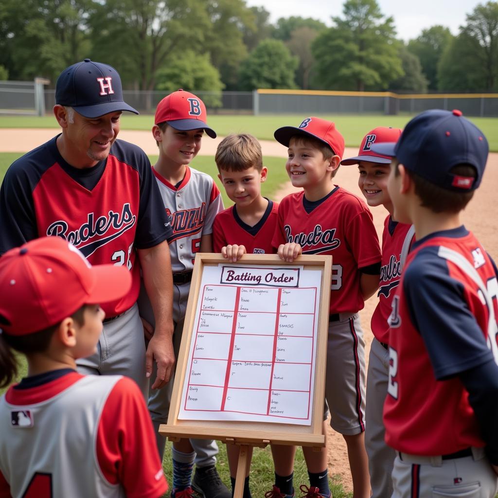 Youth Baseball Team Using a Lineup Board