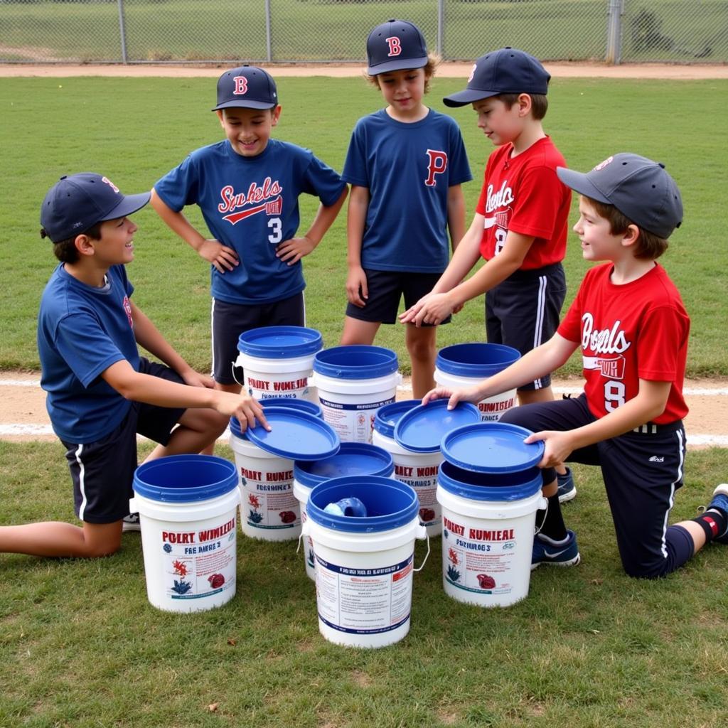 Young baseball team utilizing their buckets with lids during practice