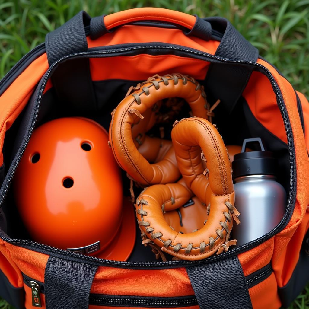 Close-up of a catcher's bag filled with orange gear, including a mitt, helmet, and water bottle