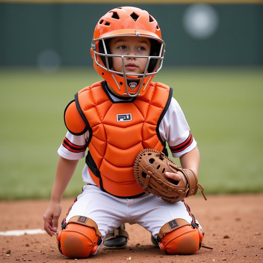 Youth catcher wearing full orange gear, including helmet, chest protector, leg guards, and mitt