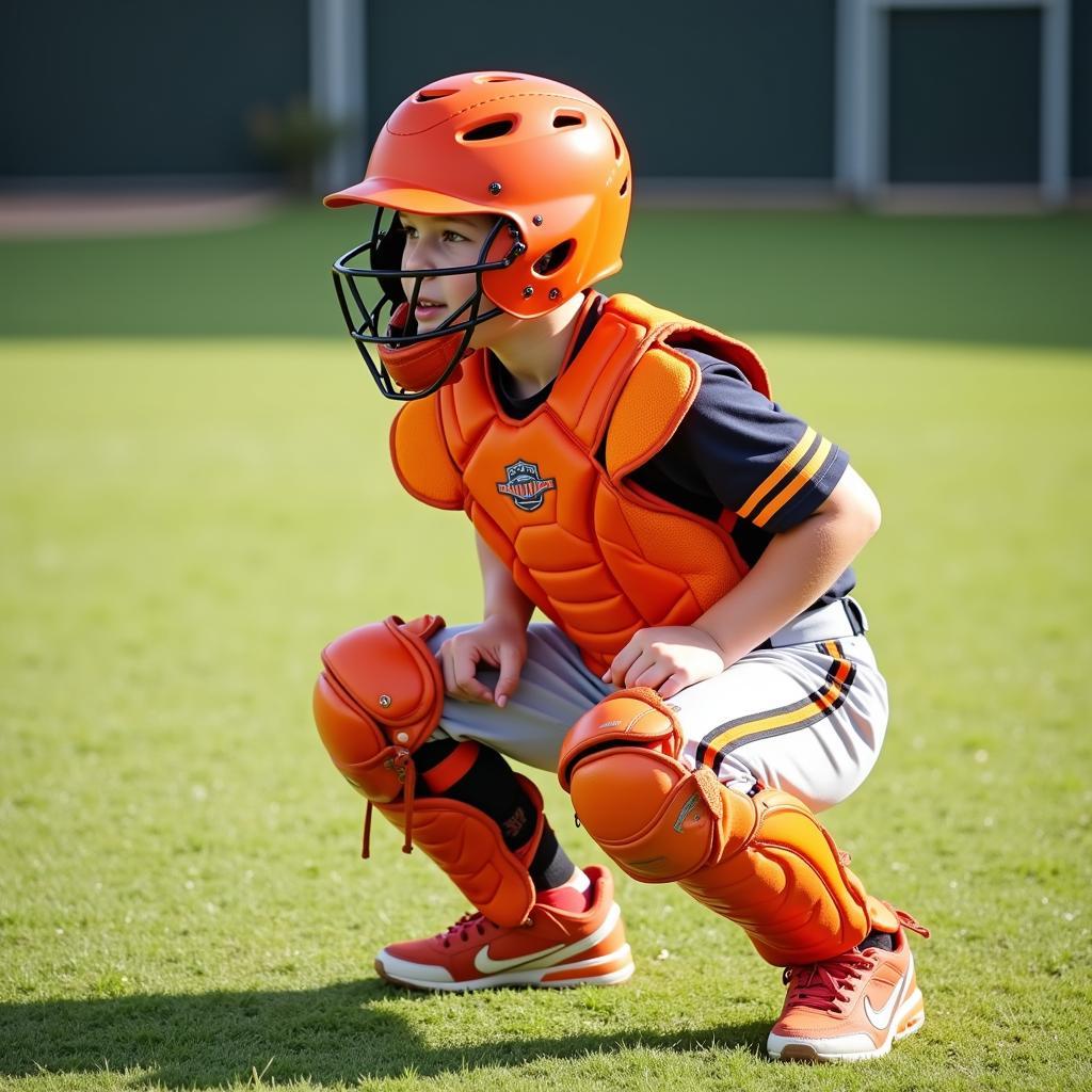 Youth catcher sporting full set of orange catchers gear