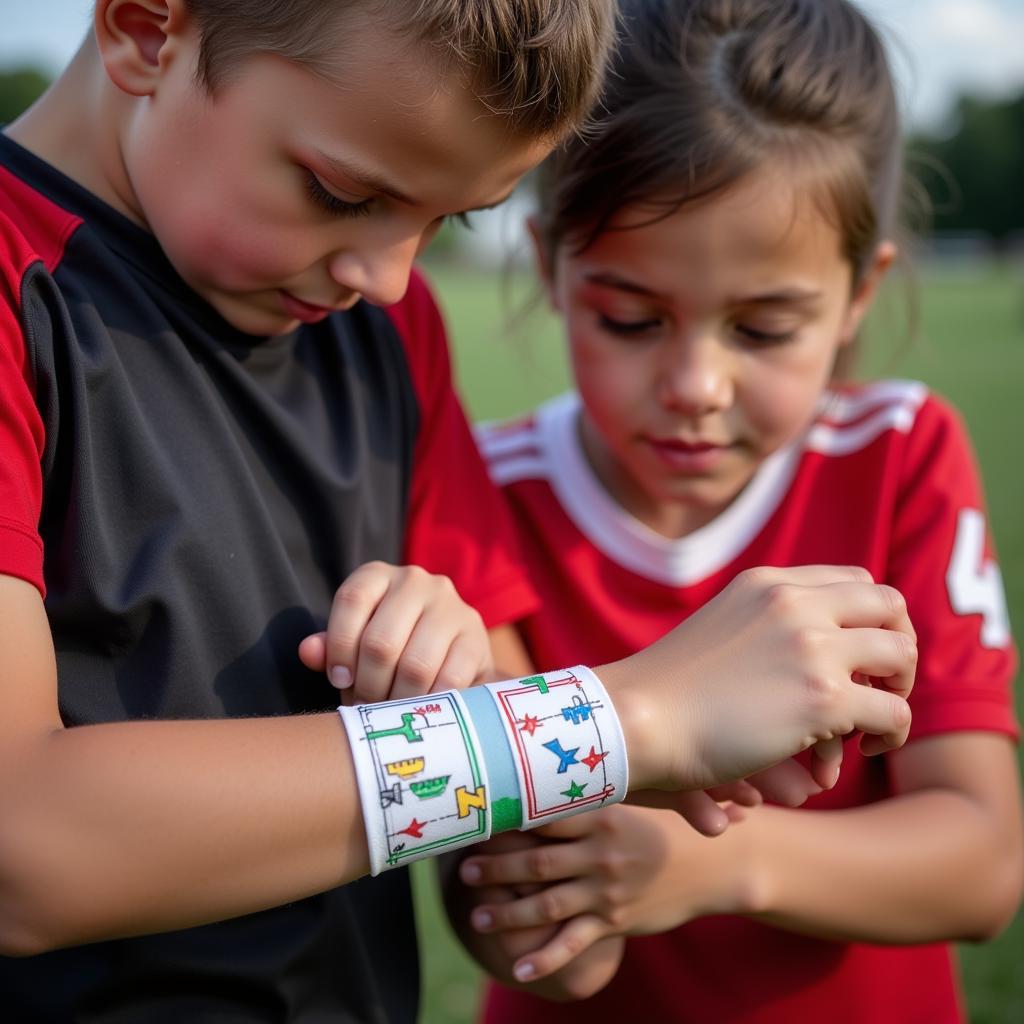 Youth flag football players studying wristband plays