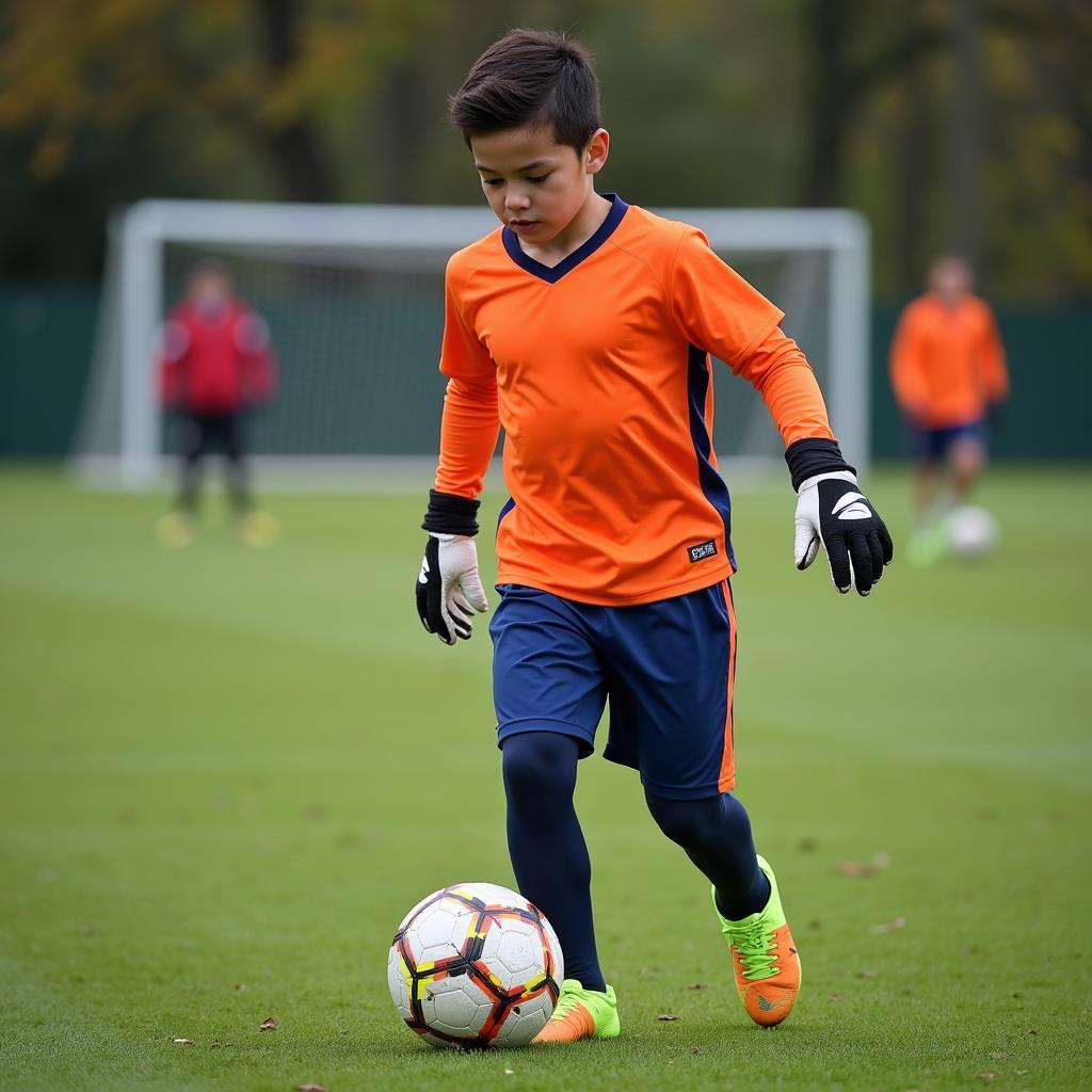 Young football player confidently controls the ball while wearing gloves during a match.