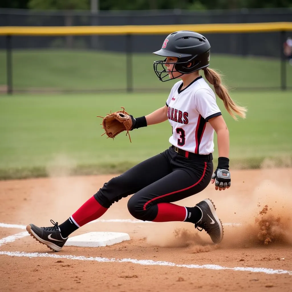 Youth softball player sliding into base wearing Intensity pants