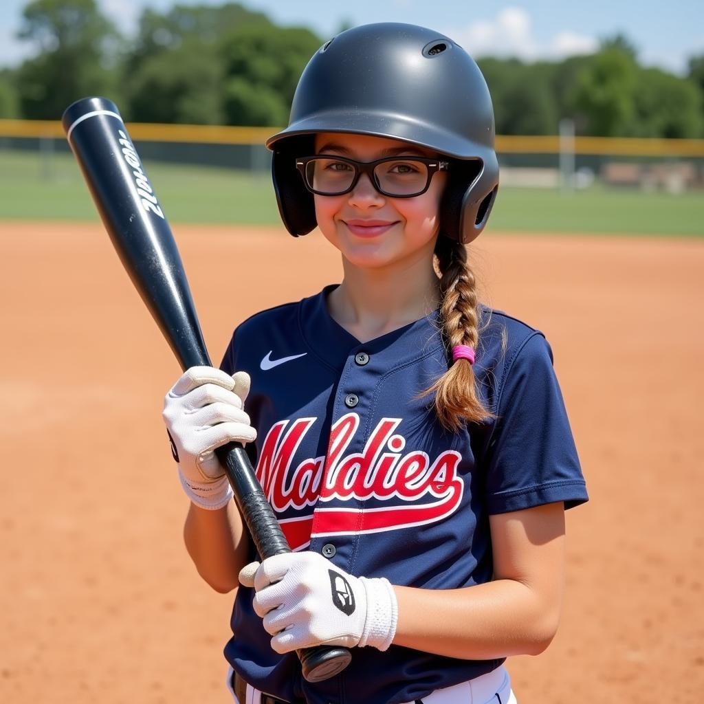 Young softball player confidently wearing sports glasses during a game