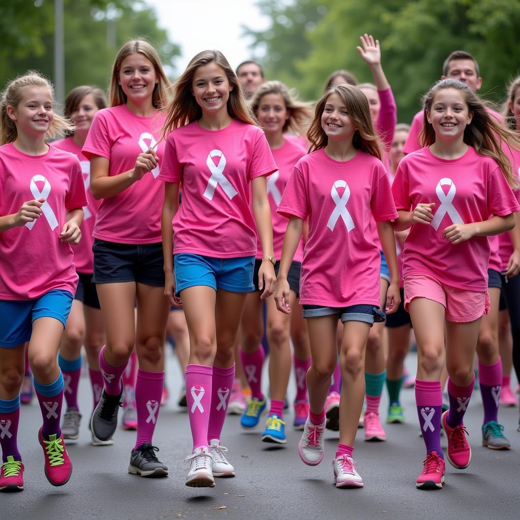 Youth proudly wearing vibrant breast cancer awareness socks while participating in a charity walk.