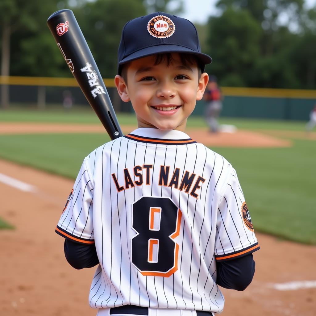 A young baseball player wearing a pinstripe jersey