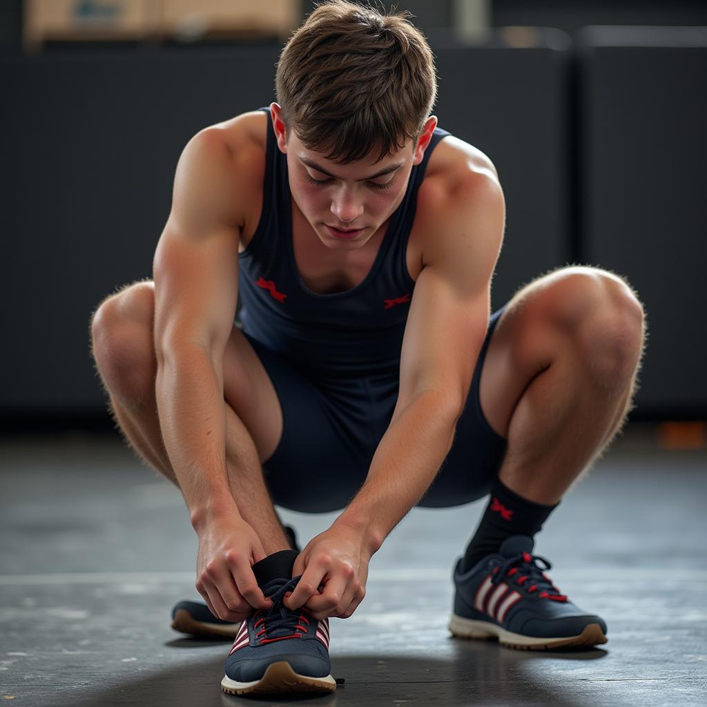 A young wrestler tying his wrestling shoes before practice