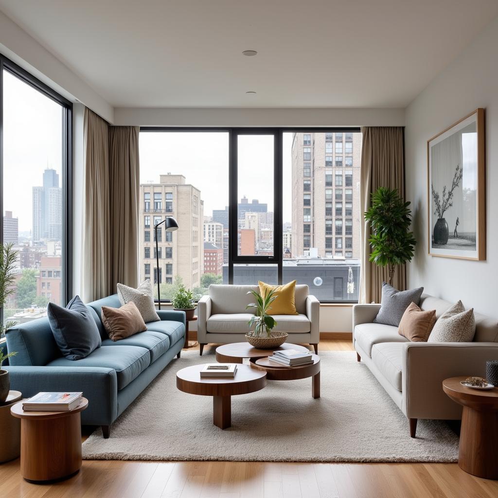 Modern and luxurious living room interior of a residence at 1 E Scott Chicago