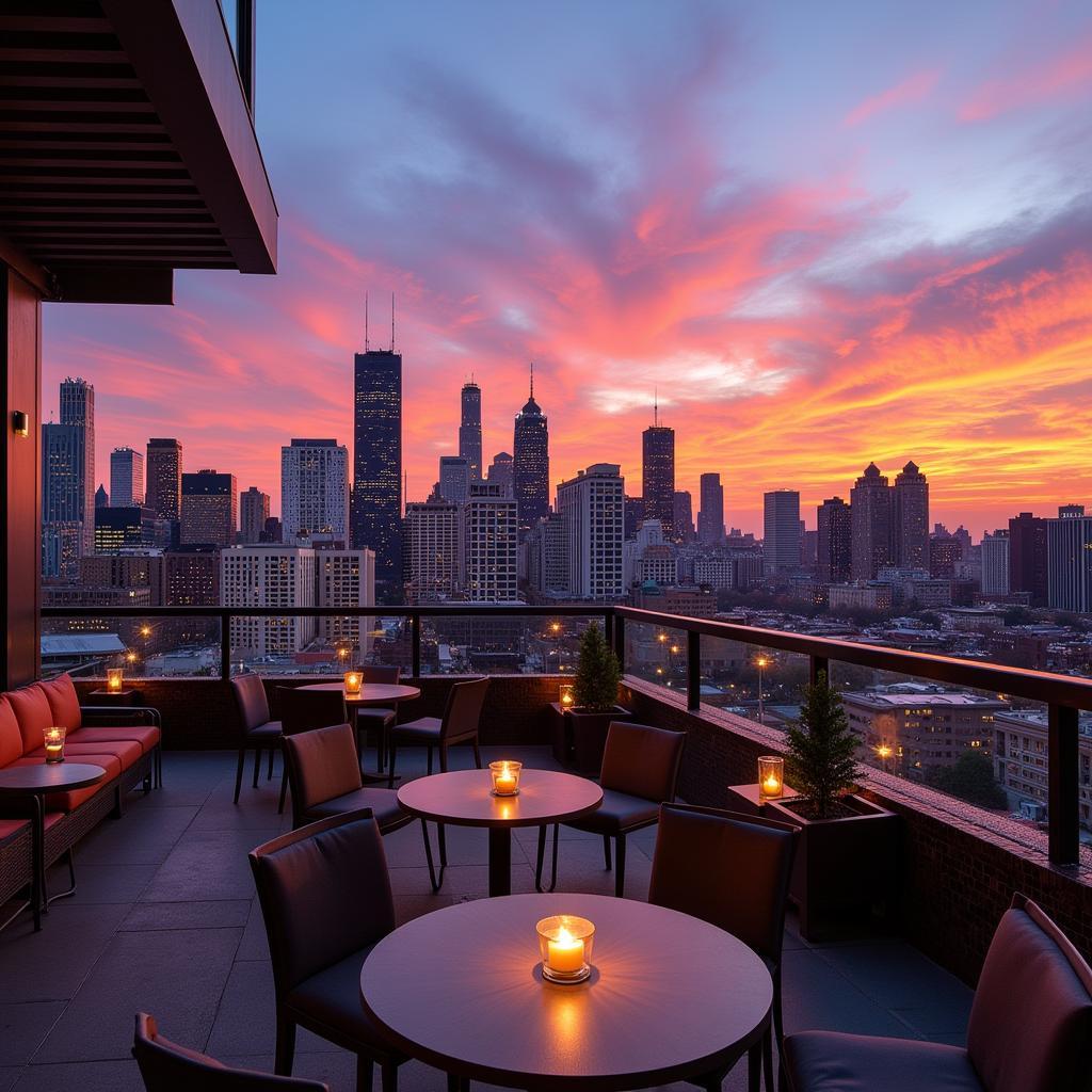 Panoramic city view from the rooftop terrace of 1 E Scott Chicago at sunset