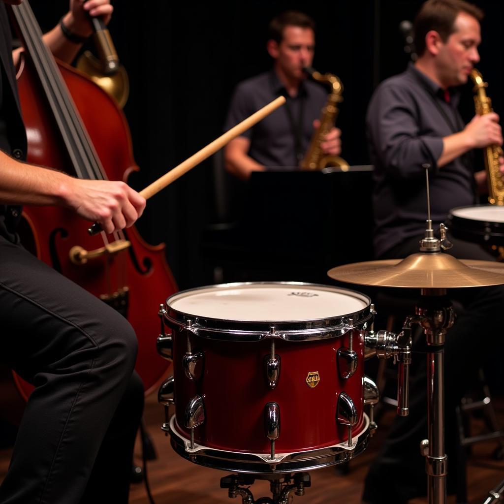 A 12-inch snare drum being used in a jazz band setting