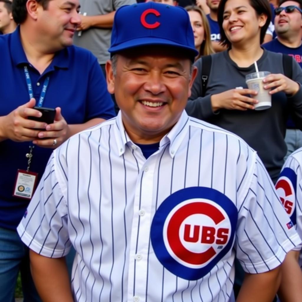 A modern-day Chicago Cubs fan wearing a replica 1908 jersey.