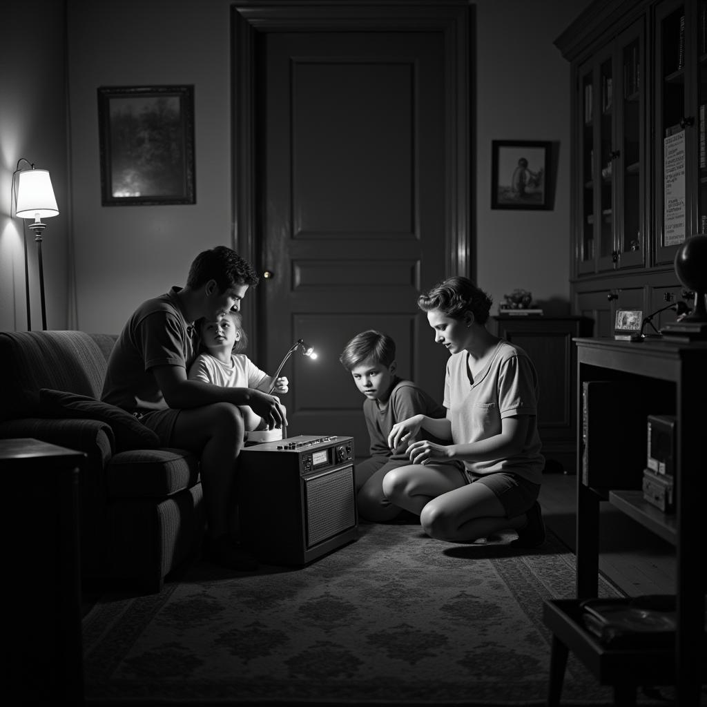 Daily Life in 1944: A family gathered around a radio listening to news broadcasts.