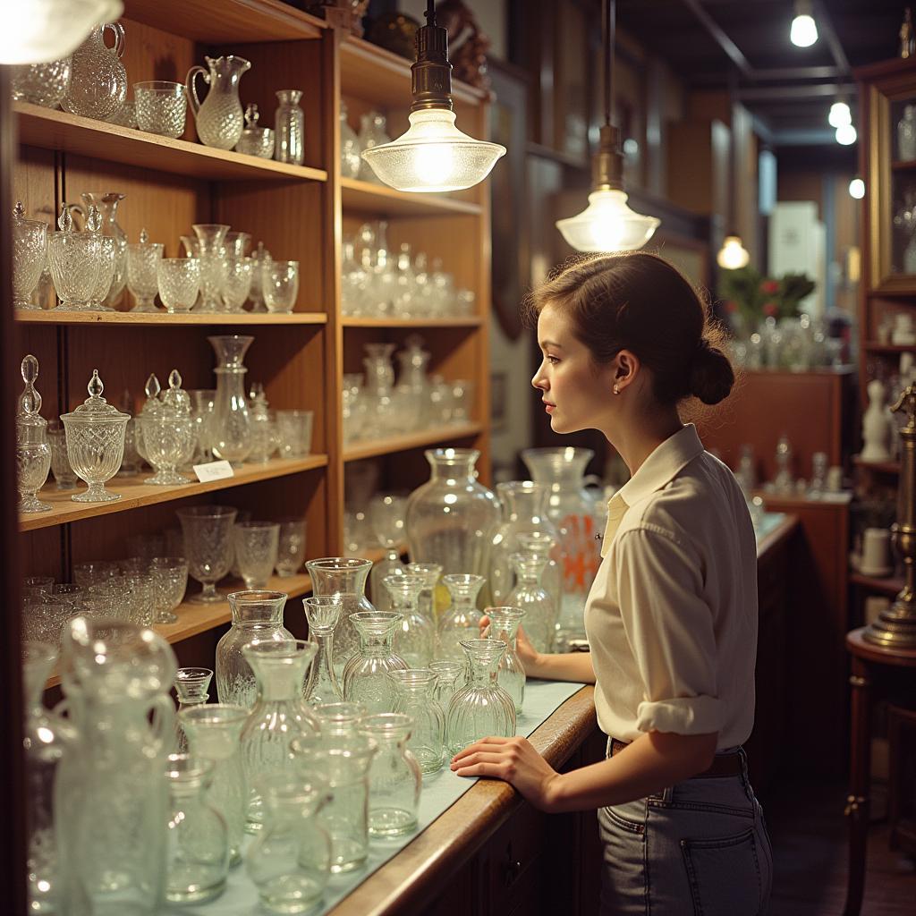 Finding 1950s Glass Pitchers in Antique Shops: A woman browsing through shelves of vintage glassware in a cozy antique shop.