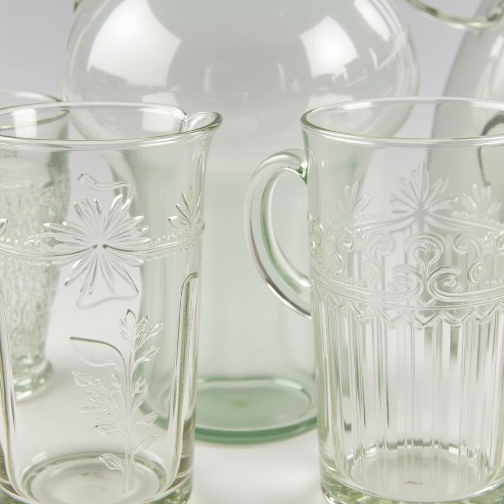 1950s Glass Pitcher Identification Marks: Close-up view of manufacturer logos and embossed patterns on vintage glass pitchers.