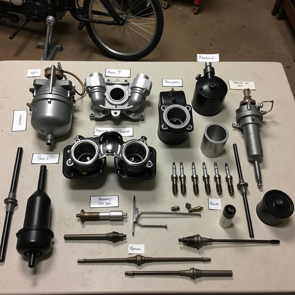 1953 MG TD engine components, including carburetor, distributor, and spark plugs.