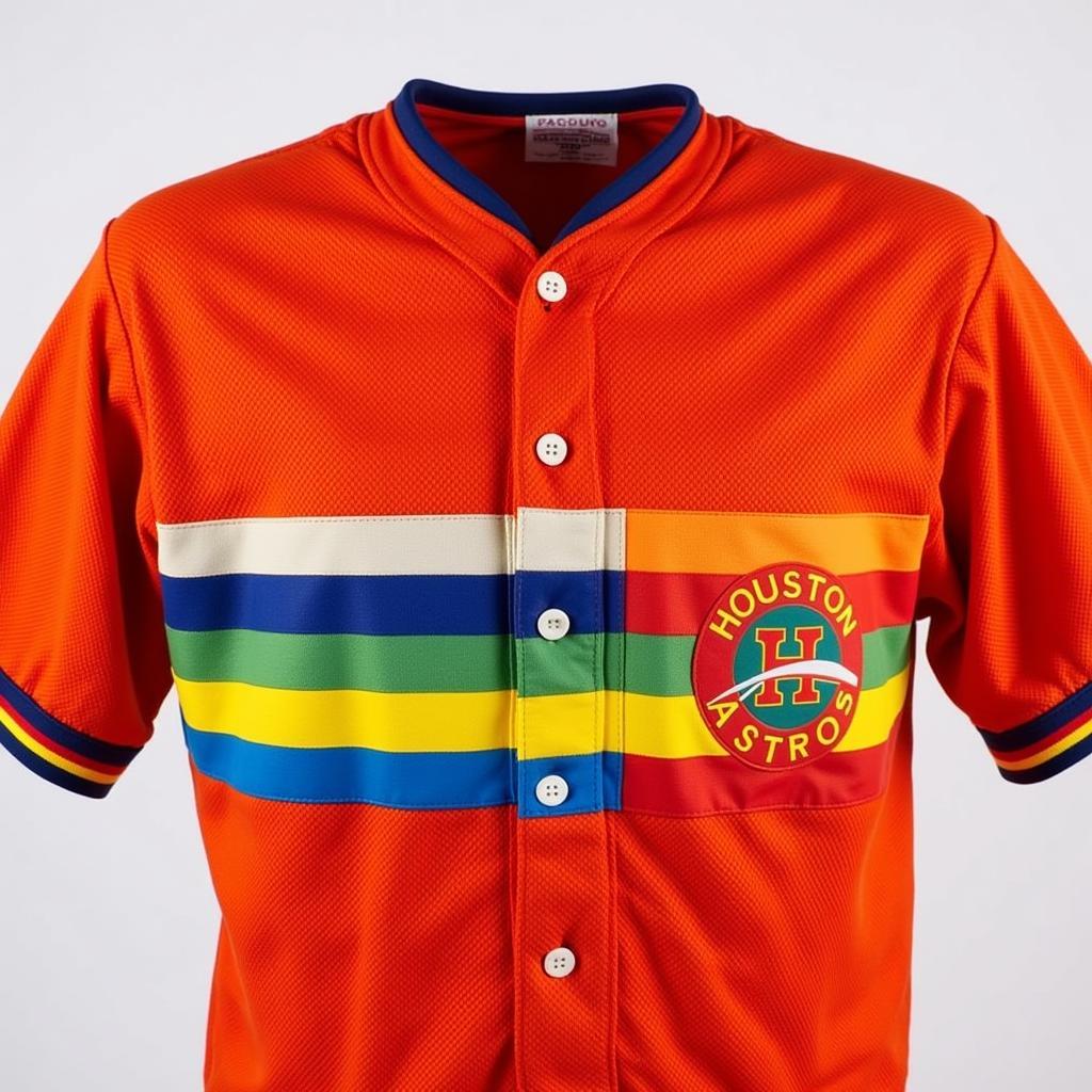 Close-up of the rainbow stripes on the 1980 Houston Astros jersey