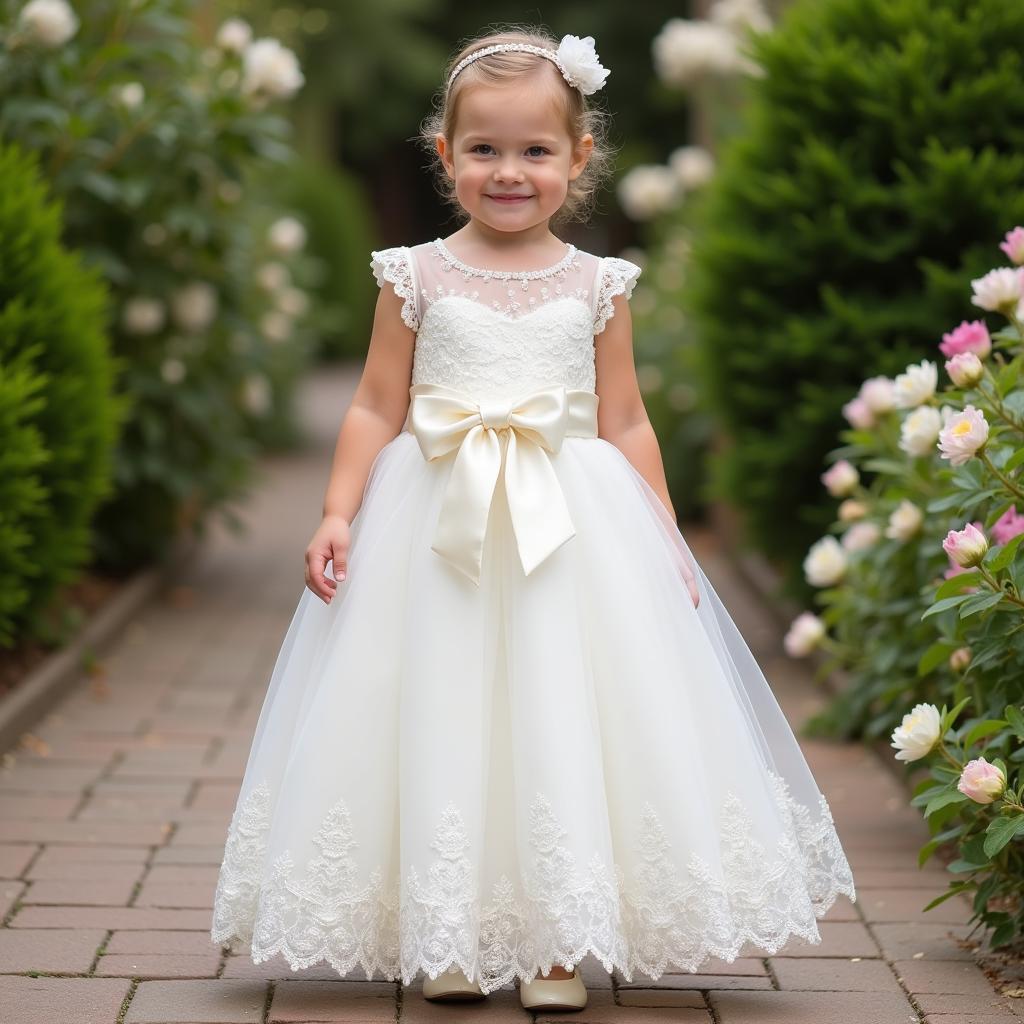 Baby girl wearing a white lace 1st birthday dress with a satin sash and pearl details.