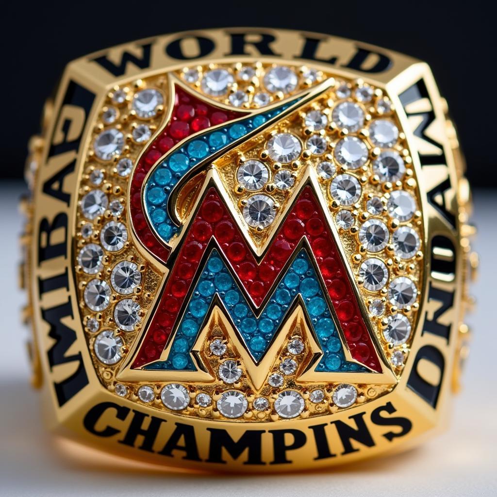 2003 Marlins World Series Ring Close-Up Showing Intricate Details and Diamond Encrustation