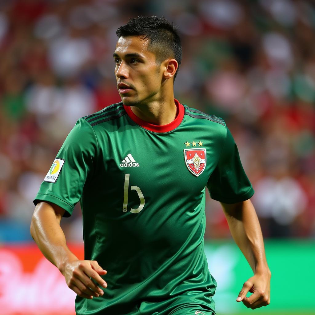 A Mexican player in action wearing the 2010 jersey during a World Cup match.