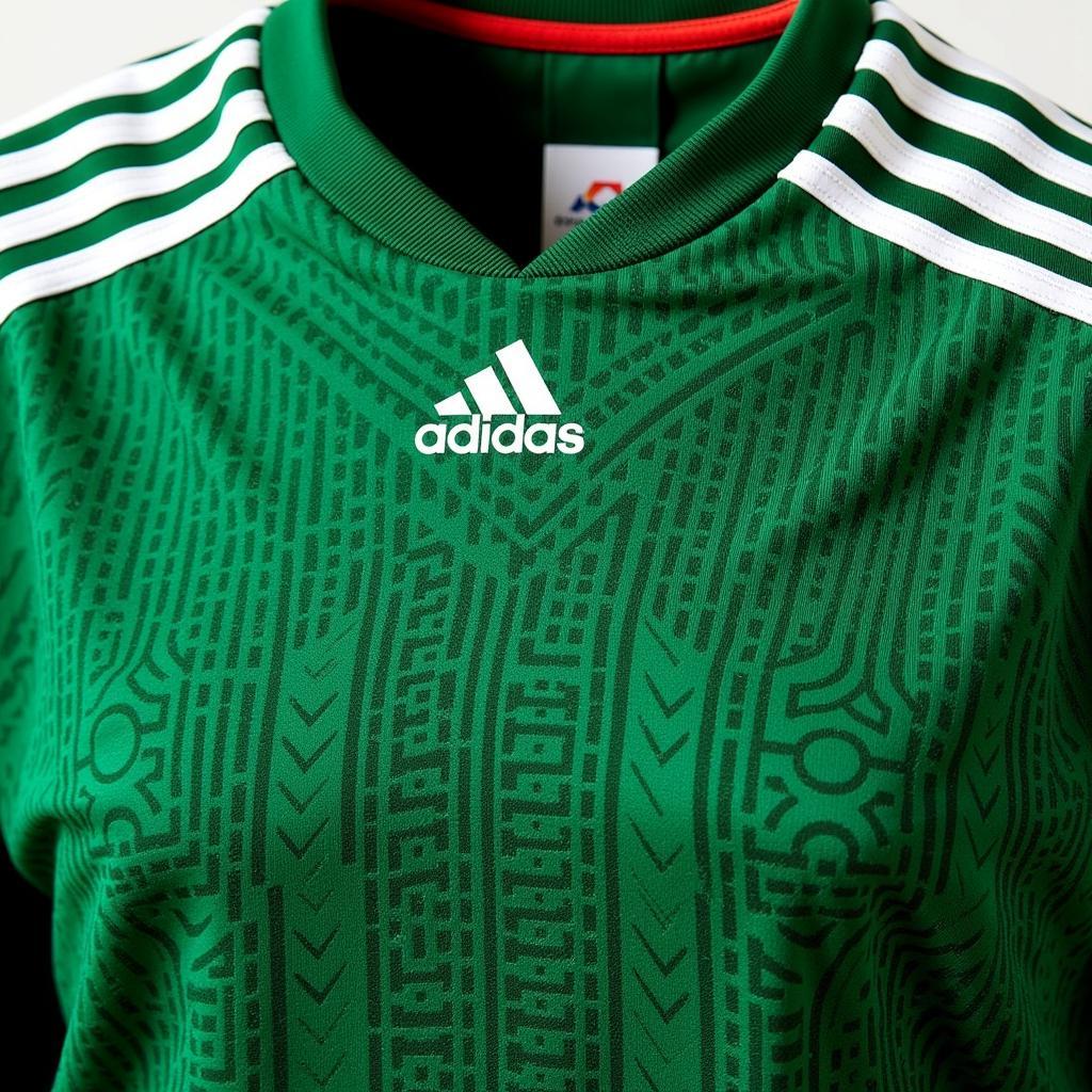 2010 Mexico Soccer Jersey: Detailed view of the design, showcasing the vibrant green color, Aztec patterns, and Adidas three stripes.