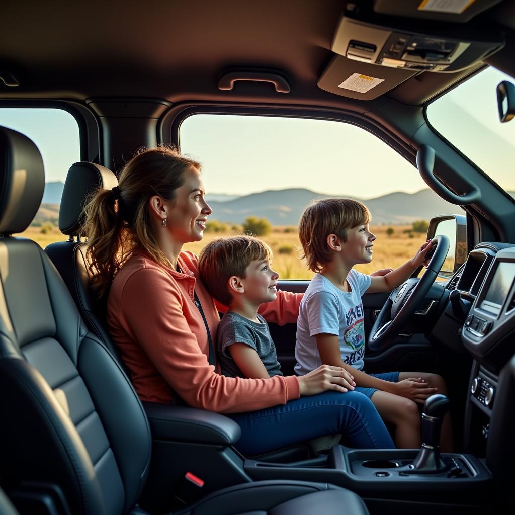 A family enjoying an off-road adventure in their 2025 Epic Ranger, highlighting its versatility and spaciousness.