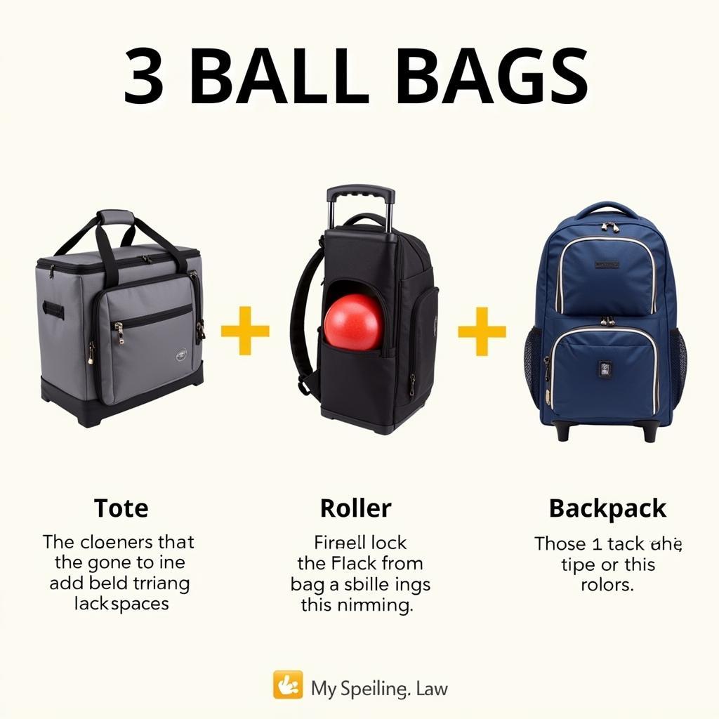 Different types of 3-ball bowling bags - tote, roller and backpack