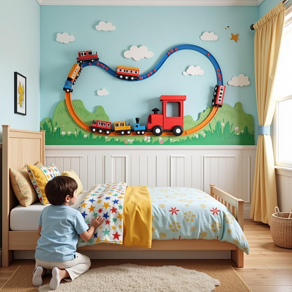 3D Train Tracks Wall Art in a Child's Room