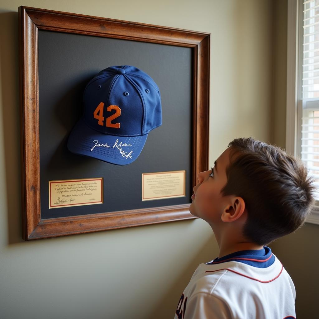 A young baseball player admiring a framed 42 hat