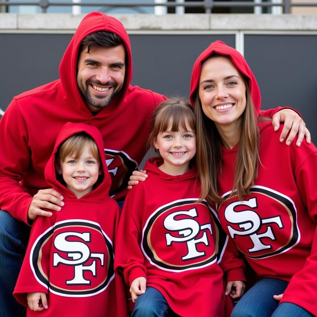 Family wearing matching 49ers ponchos at the stadium.