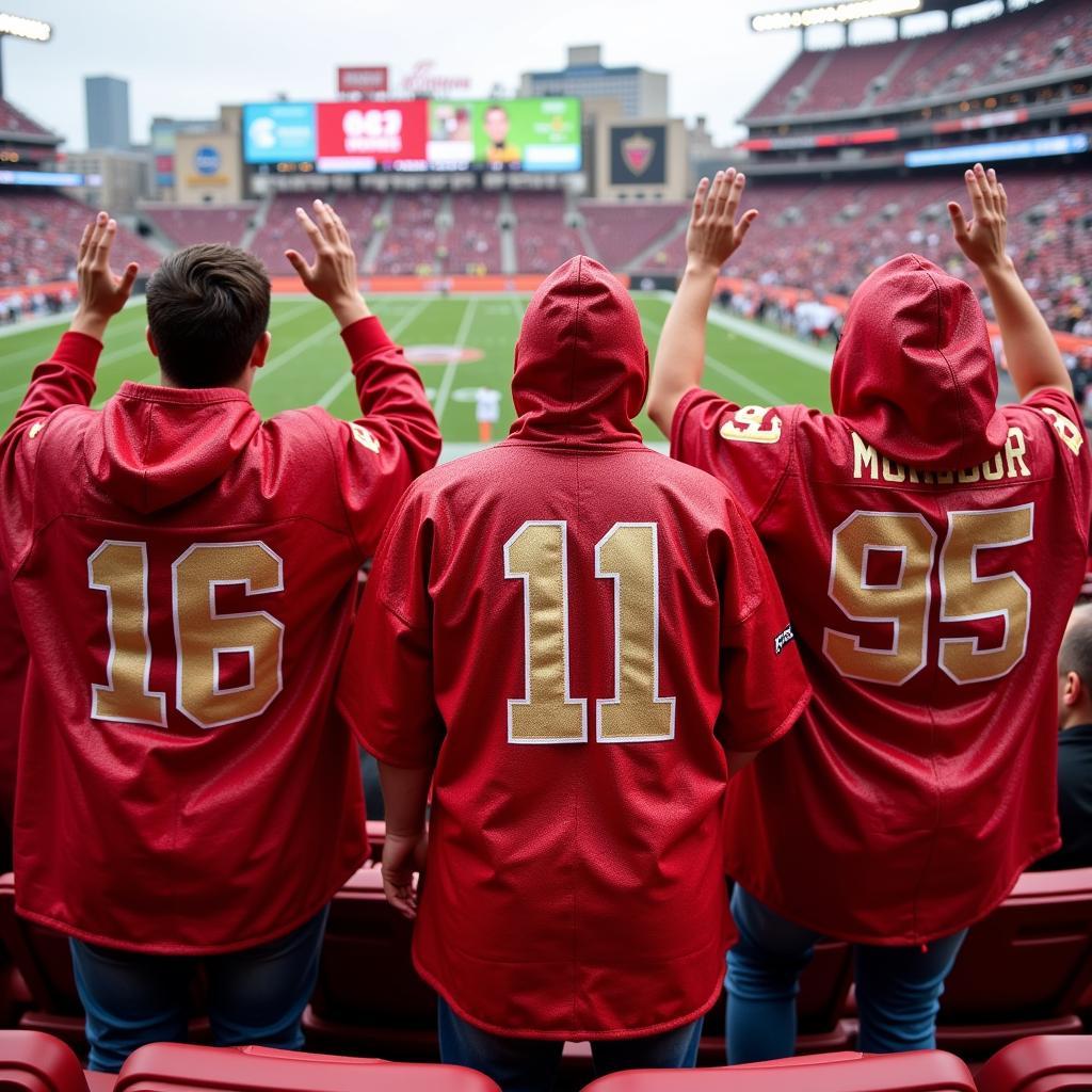 Fans wearing 49ers ponchos in the rain at Levi's Stadium.