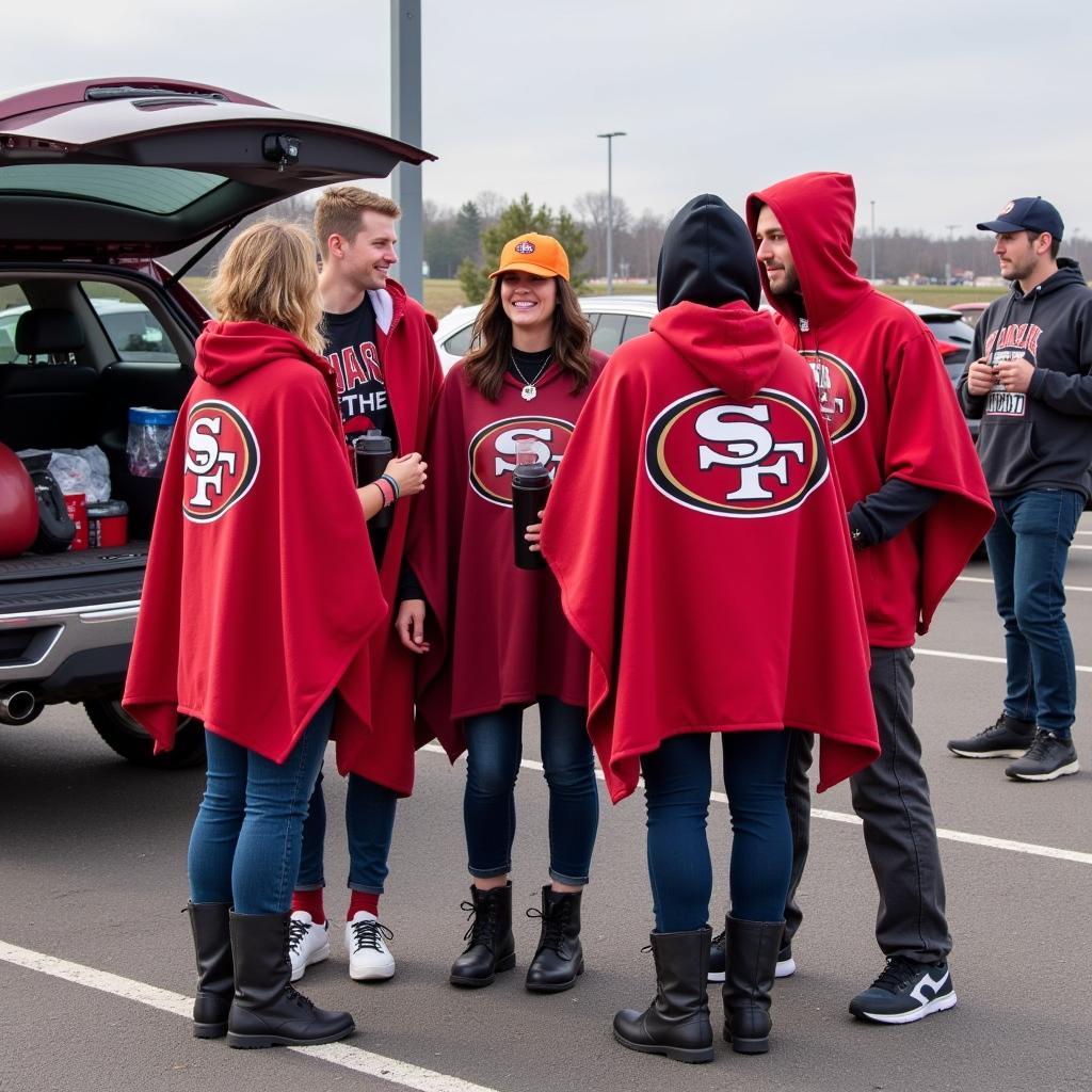 Fans tailgating in 49ers ponchos before a game.