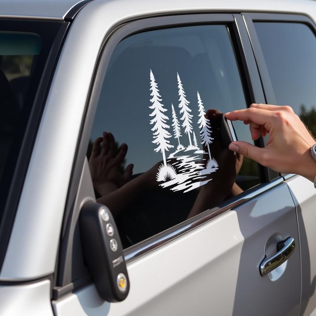 Installing a Forest Scene Decal on a 4Runner -  A person carefully applying a forest scene decal onto the side window of a 4Runner, demonstrating the decal installation process.