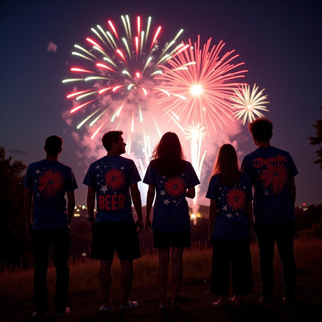 People wearing 4th of July beer shirts watching fireworks display.