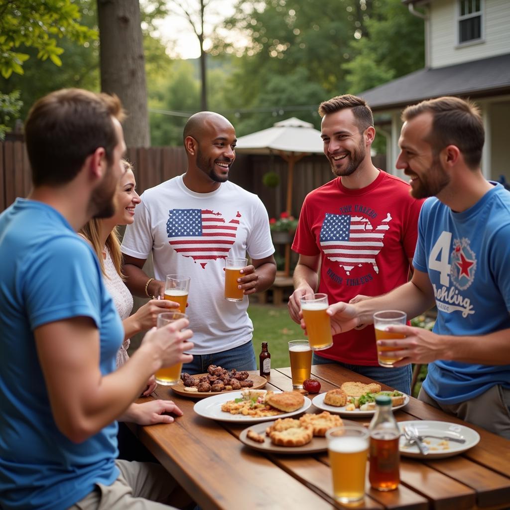 People wearing 4th of July beer shirts enjoying a festive party with beer and barbecue.