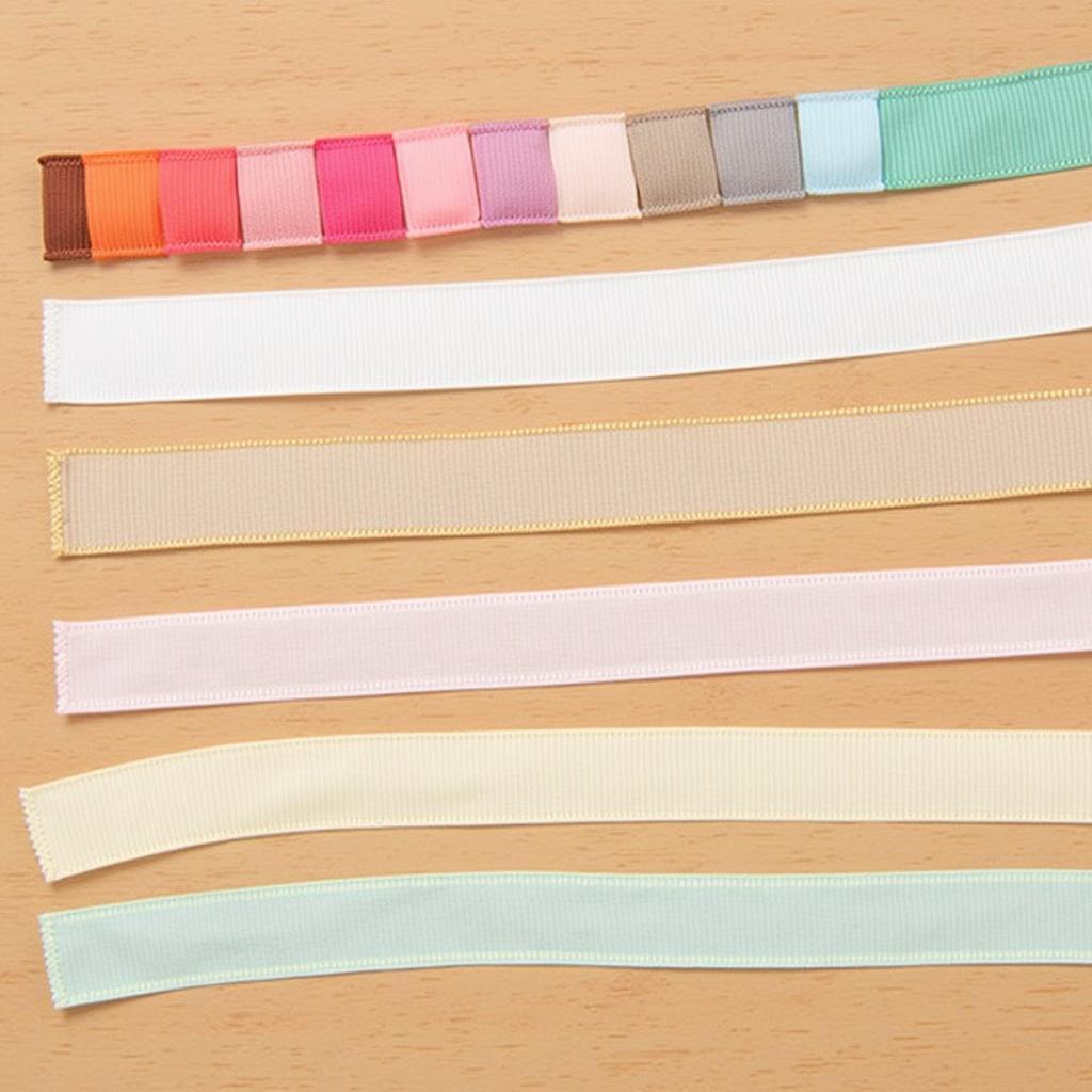 Various materials of 5/8 inch ribbon, including grosgrain, satin, and organza, displayed on a table.