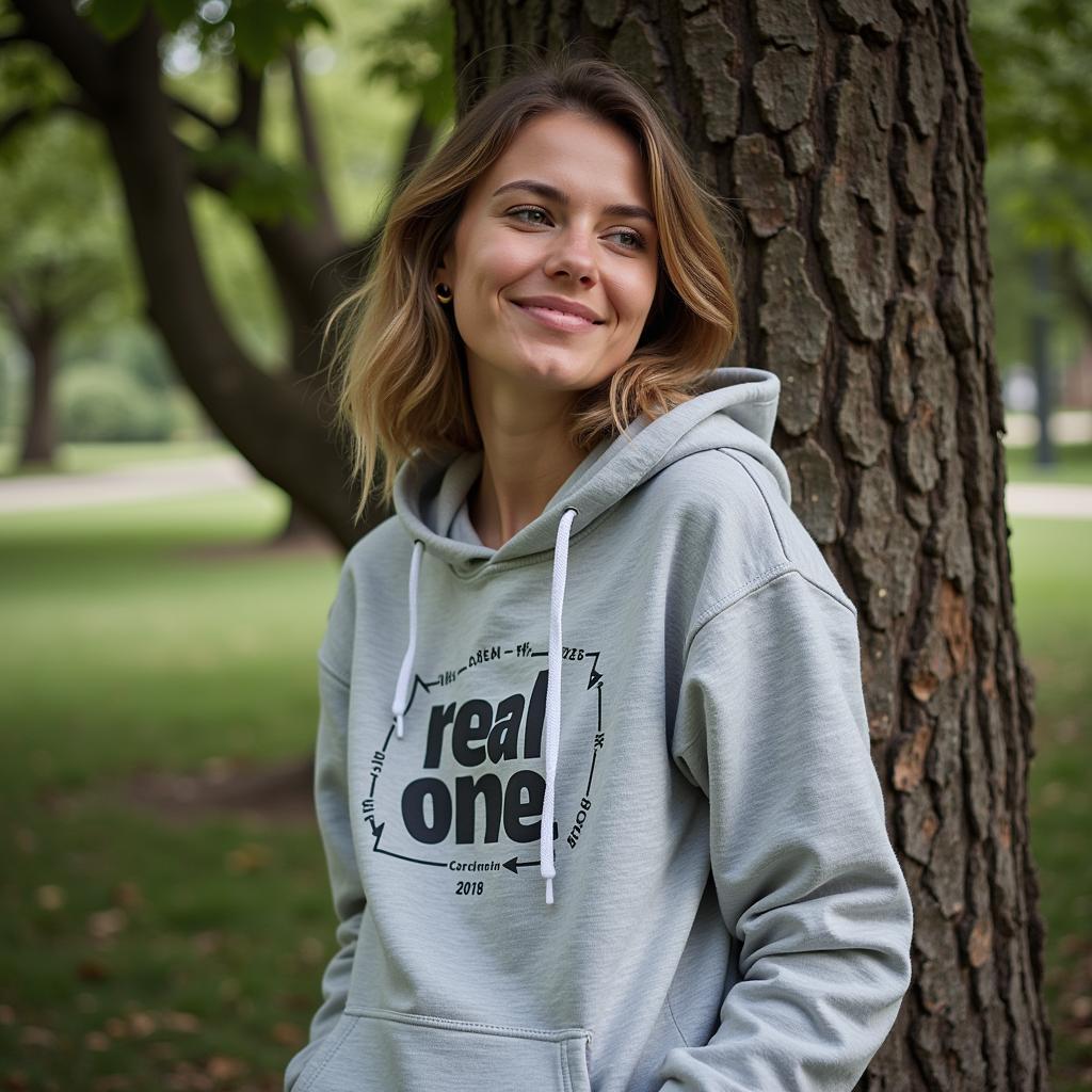 A person wearing a real one hoodie while relaxing outdoors