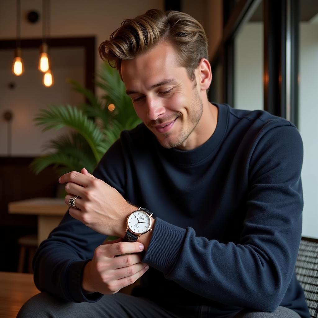 Frenkie de Jong checking his AAA watch during his daily routine.