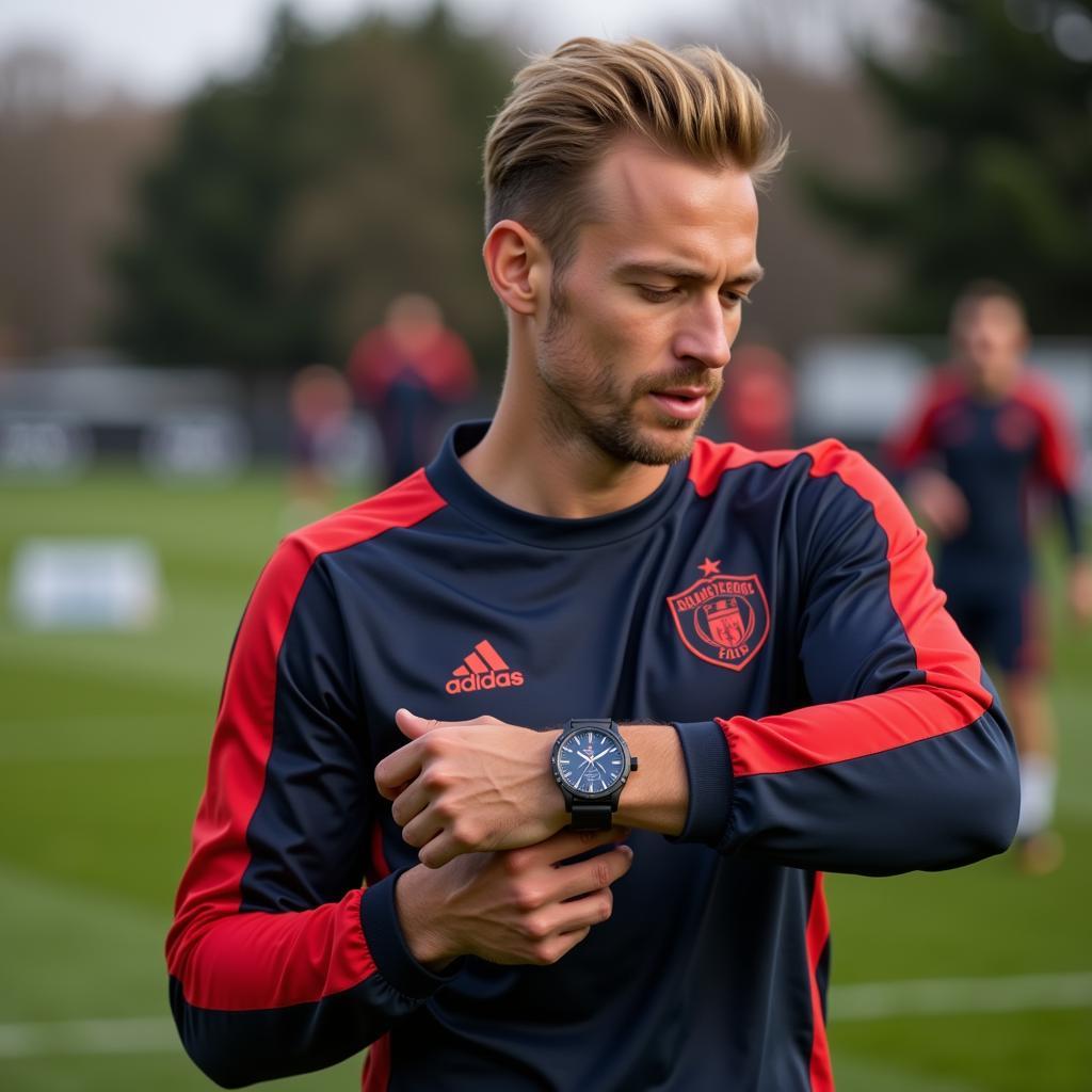 Frenkie de Jong wearing an AAA watch during training.