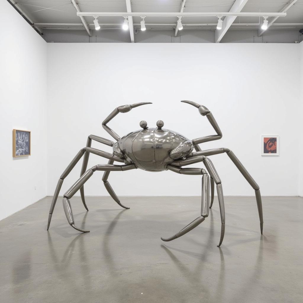 Abstract metal crab sculpture displayed in a gallery