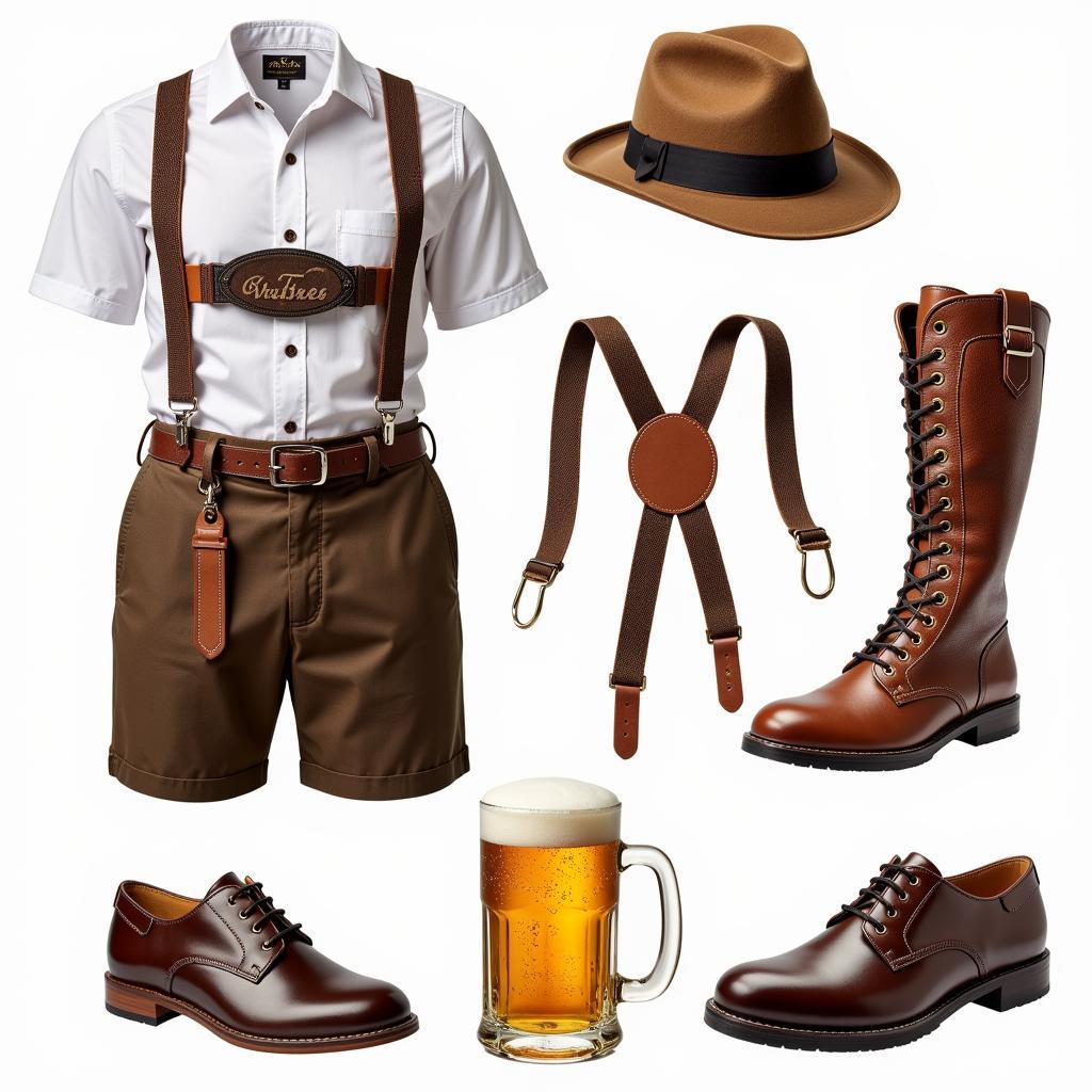 Accessorizing Men's Oktoberfest Shirt:  Examples of how to accessorize an Oktoberfest shirt with a Bavarian hat, suspenders, and shoes.