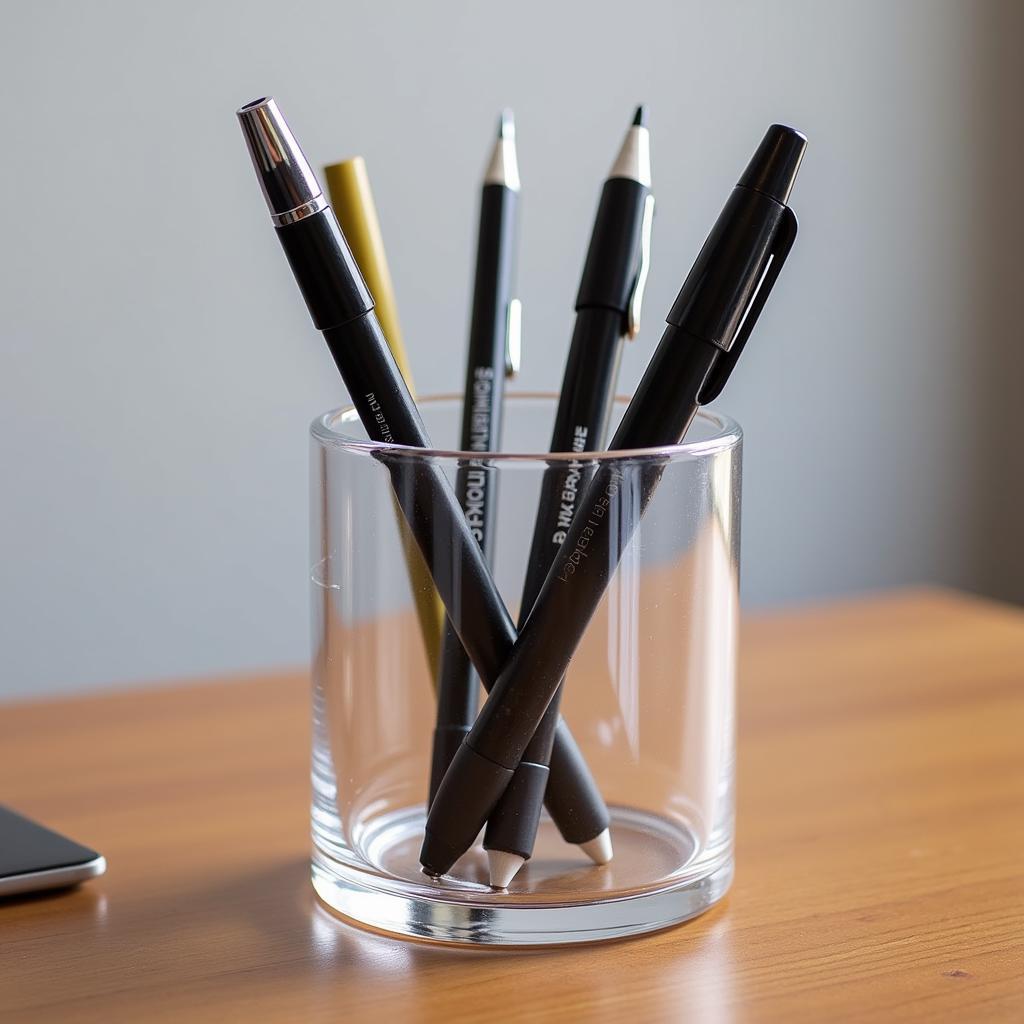 Acrylic clear pen holder on a desk with pens and pencils