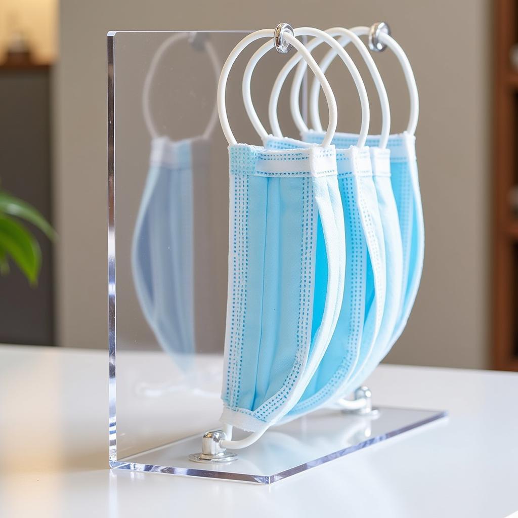 Acrylic mask display stand on a countertop