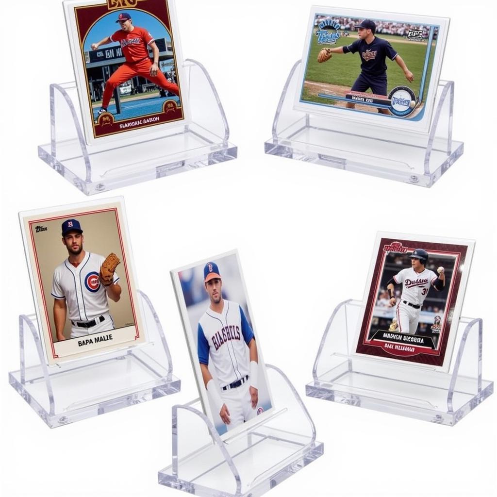 Clear acrylic trading card stands protecting valuable cards.