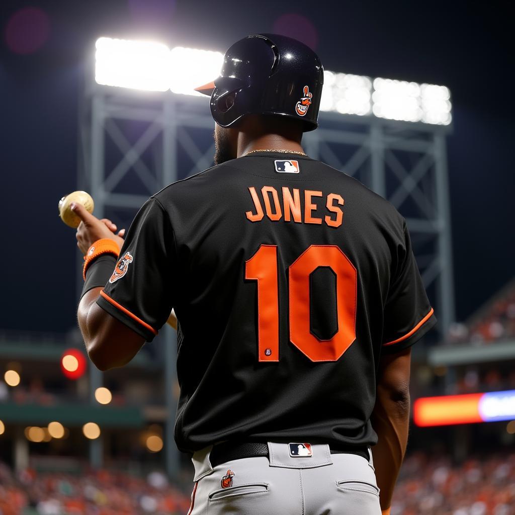 Adam Jones wearing the black alternate Orioles jersey during a night game.