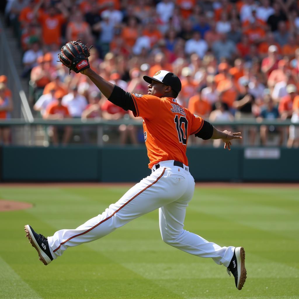 Adam Jones in his Orioles jersey making a spectacular catch in center field