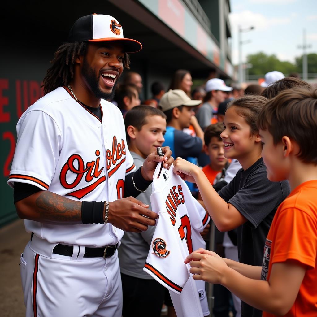 Adam Jones signing autographs for fans in his Orioles jersey.